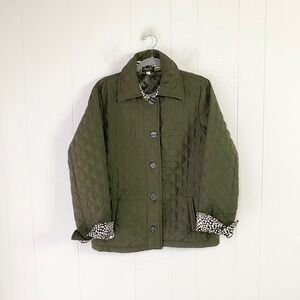 Olejoss Olive Green Quilted Faux Fur Lined Jacket Polka Dot Trim Size XL